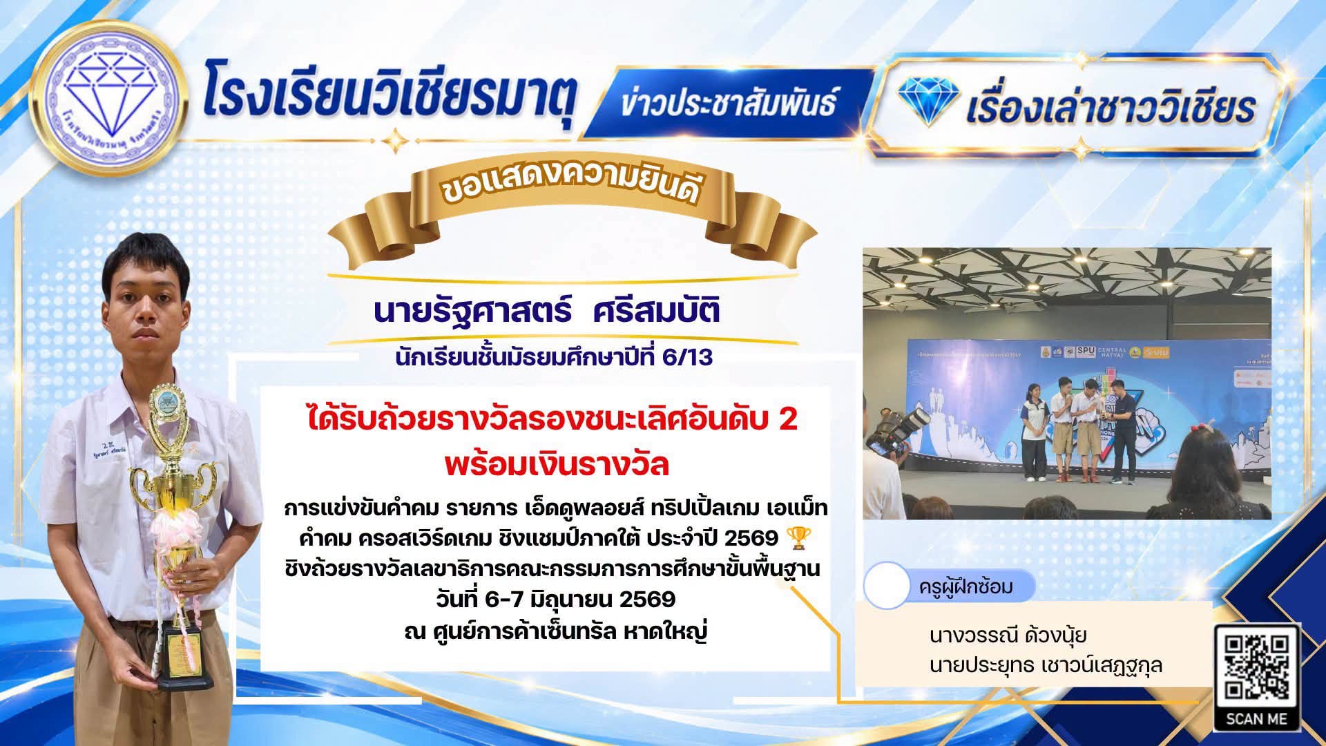 นายรัฐศาสตร์ ศรีสมบัติ ได้รับถ้วยรางวัลรองชนะเลิศอันดับ 2 พร้อมเงินรางวัล การแข่งขันคำคม