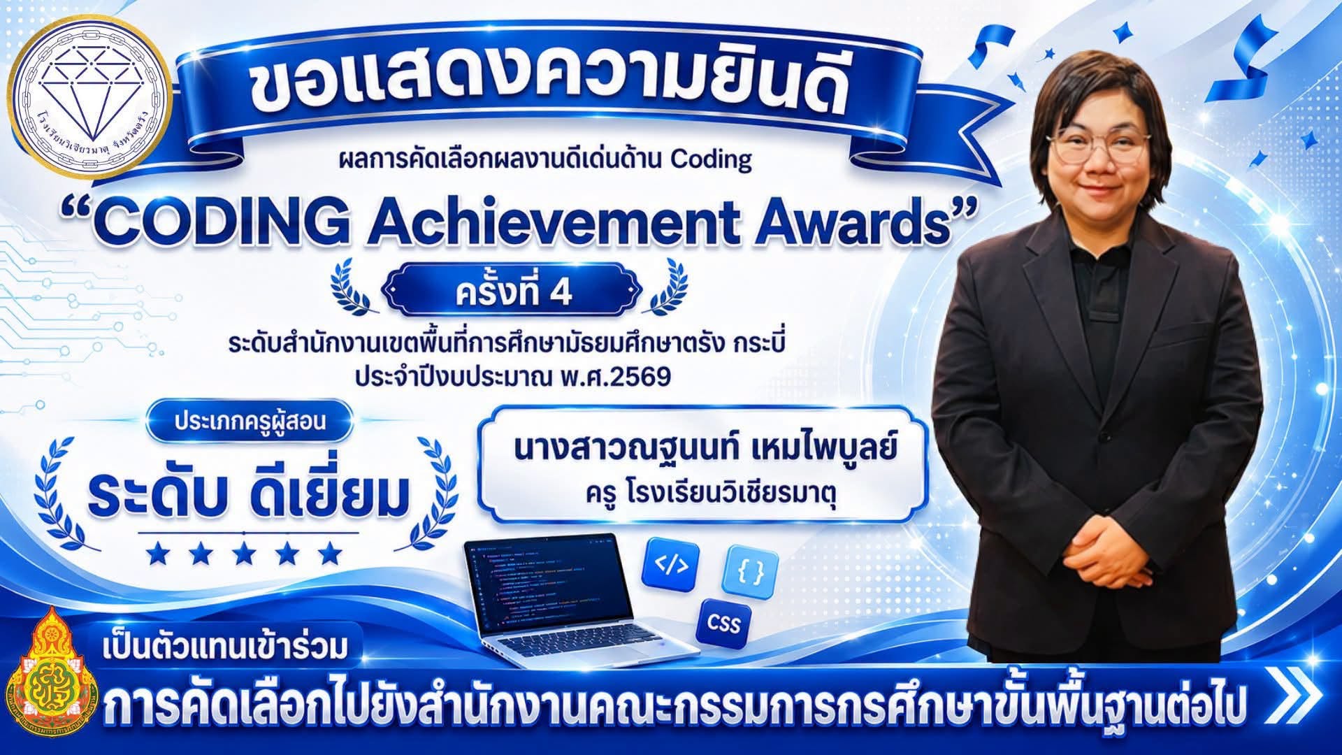 ขอแสดงความยินดีกับนางสาวณฐนนท์ เหมไพบูลย์ ได้รับรางวัล ผลการคัดเลือกผลงานดีเด่นด้าน Coding “CODING Achievement Awards” ครั้งที่ 4