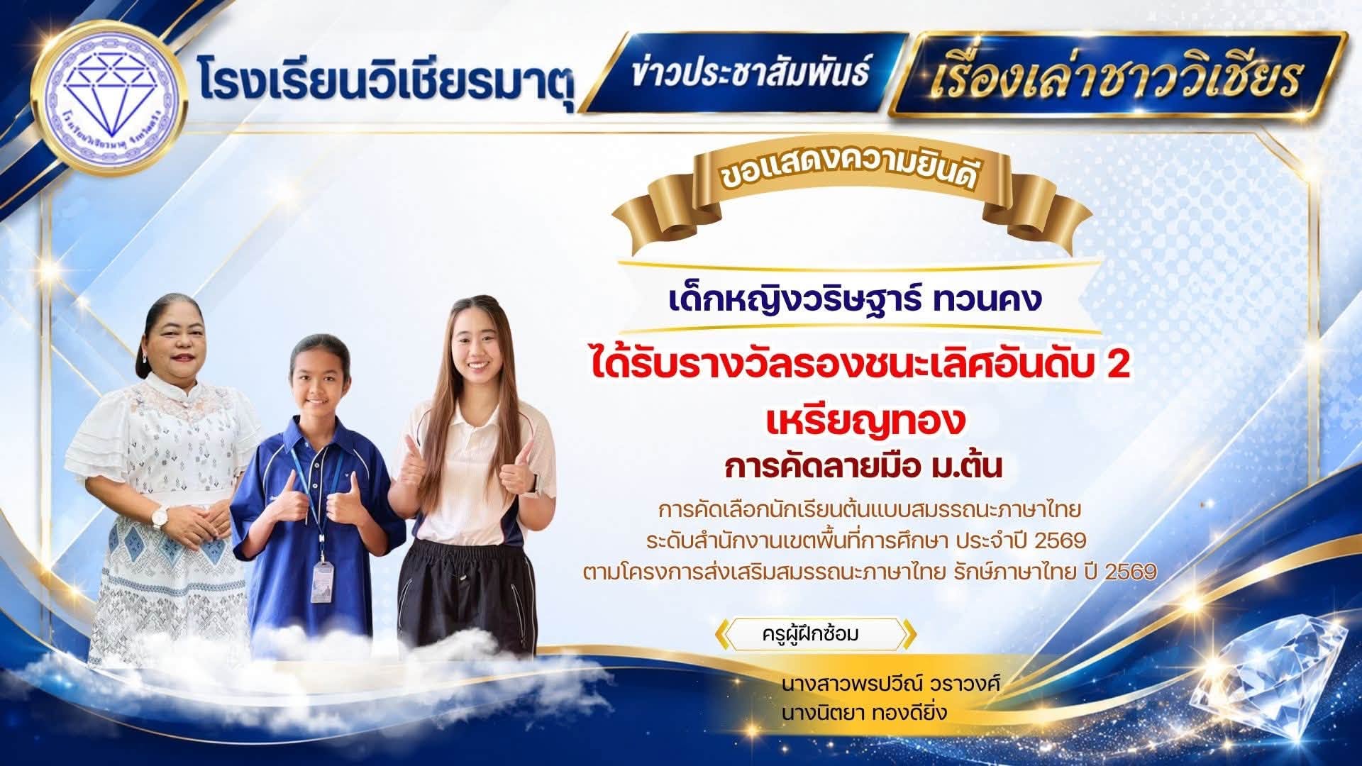 ขอแสดงความยินดีกับนักเรียนได้รับรางวัลแข่งขัน คัดเลือกนักเรียนต้นแบบสมรรถนะภาษาไทย