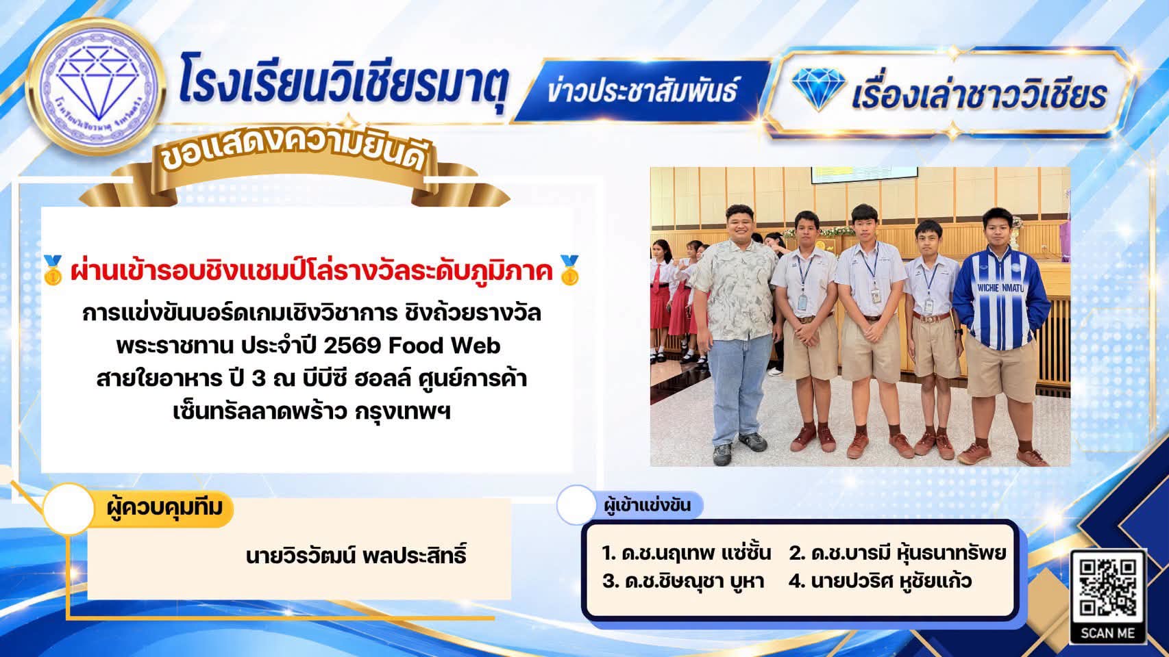 นักเรียนผ่านเข้ารอบชิงแชมป์โล่รางวัลระดับภูมิภาค การแข่งขันบอร์ดเกมเชิงวิชาการ ชิงถ้วยรางวัลพระราชทาน